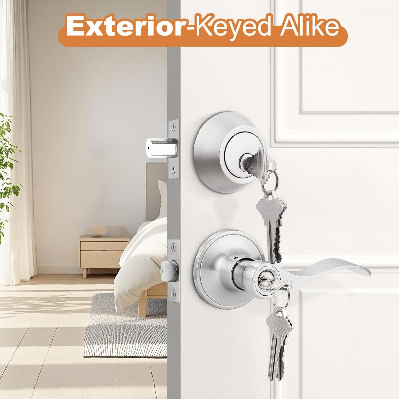 Probrico 5 Sets-Satin Nickel Exterior Entry Lever and Single Cylinder Deadbolt Combo Pack,Keyed Alike Entry Handleset for Front Entrance Door,Wave Shape Lever,Contractor Park - Image 3